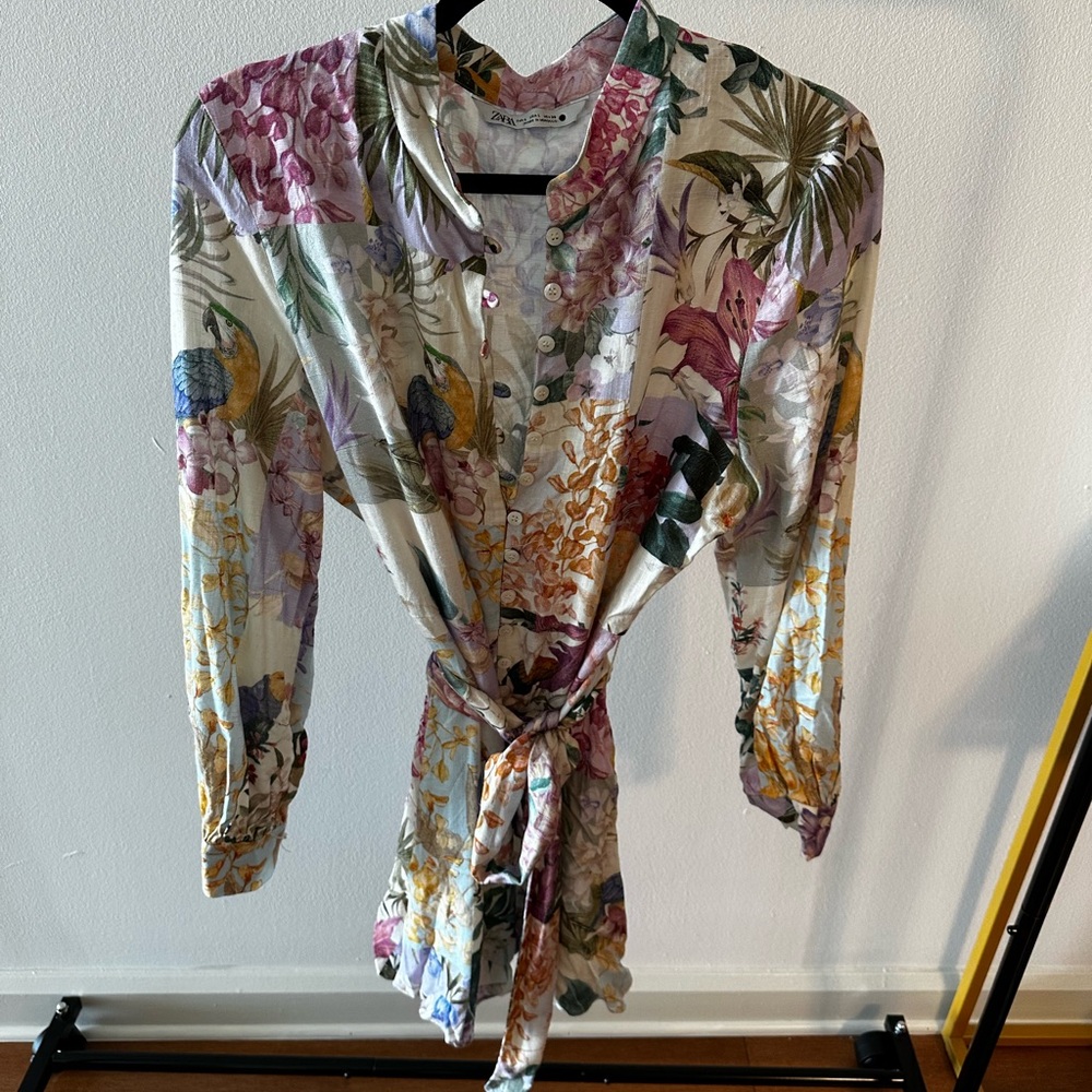 Floral Long-Sleeve Dress with Belt from Zara